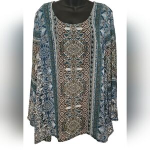 [ONE WORLD] Sheer Tribal Pattern Brown/Blue Blouse/Tunic Long Sleeve Women Large